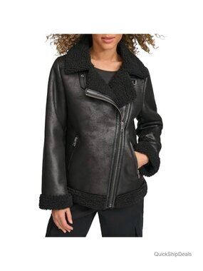 Faux Shearling Moto Coat Sherpa Lined Zip Aviator Jacket